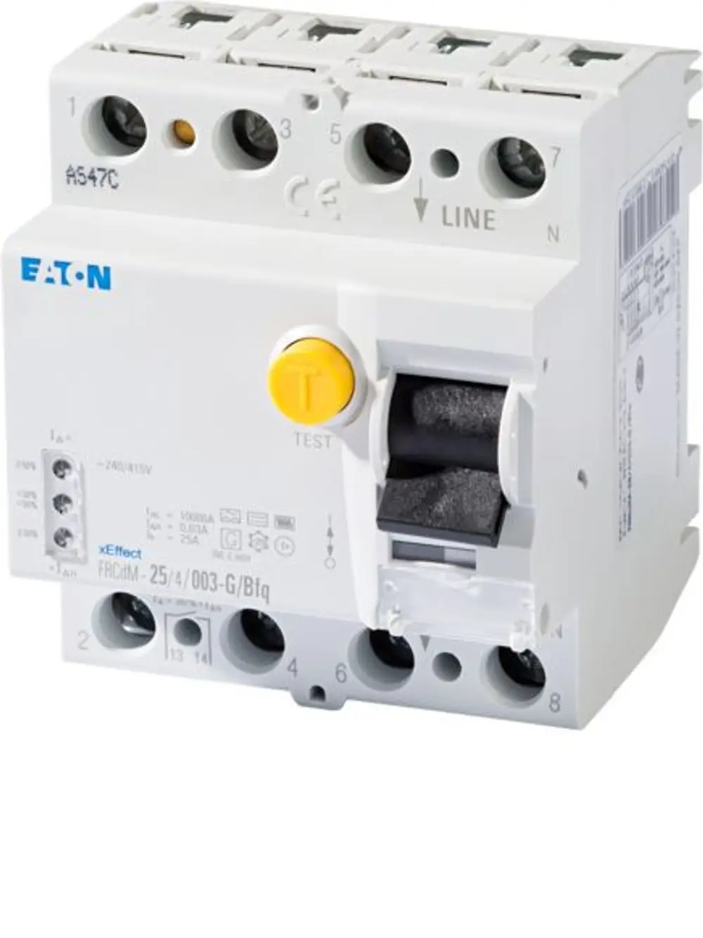 Eaton Fehlerstrom-Schutzschalter (FI-Schalter) FRCMM-25/4/003-G/Bfq, weiße Ausführung mit blauem Eaton-Logo, gelber Test-Taste und schwarzen Schalter.